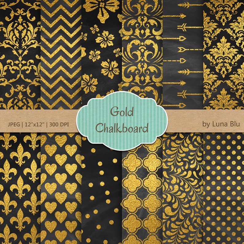 Gold Chalkboard Digital Paper Chalkboard and Gold Etsy