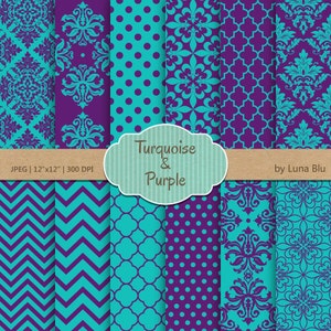 May include: A set of 12 digital paper patterns in turquoise and purple. The patterns include polka dots, chevron, damask, and geometric designs. JPEG | 12"x12" | 300 DPI