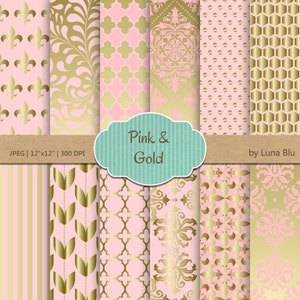 May include: A set of 12 digital paper patterns in pink and gold featuring various geometric and floral designs. JPEG | 12"x12" | 300 DPI
