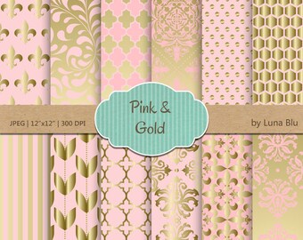 Pink and Gold Digital Paper: &quot;Pink and Gold Patterns&quot; scrapbook paper, pink and gold wedding, for scrapbooking, cardmaking, crafts