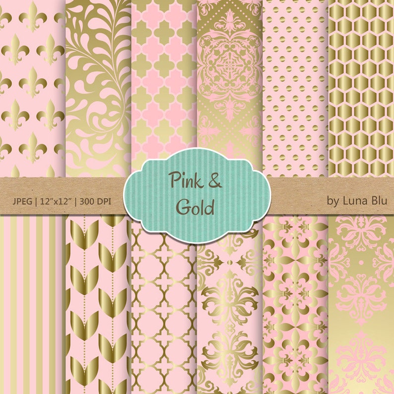 May include: A set of 12 digital paper patterns in pink and gold featuring various geometric and floral designs. JPEG | 12"x12" | 300 DPI