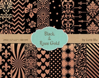 Black and Rose Gold Foil Digital Paper: Scrapbook Patterns (Digital Download)