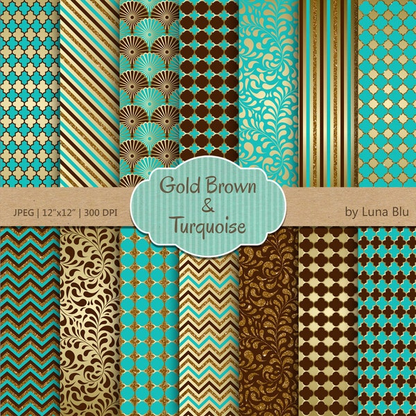 Turquoise Brown and Gold Digital Paper: "Turquoise Brown and Gold Patterns" scrapbook paper, glitter gold digital paper, scrapbooking