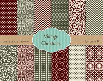 Puede incluir: Un conjunto de 12 patrones de papel digital en rojo, verde y blanco con varios diseños geométricos y florales. Los papeles son de 30,5 cm x 30,5 cm y 300 DPI. El texto "Vintage Christmas" se muestra en una etiqueta azul.