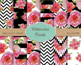 Watercolor Floral Digital Paper: "Watercolor Florals" watercolor flowers, floral scrapbooking paper, watercolor clipart, floral patterns