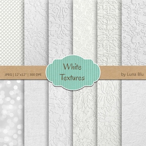 White Textures Digital Papers: "White Wedding Digital Paper" con bokeh, damasco, lino, carta digitale strutturata