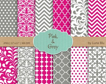 Pink and Gray Digital Paper Pack: Scrapbook Patterns (12x12, 300dpi)