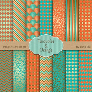 Turquoise Orange and Gold Digital Paper: &quot;Turquoise Orange and Gold Patterns&quot; scrapbook paper, glitter gold digital paper, scrapbooking