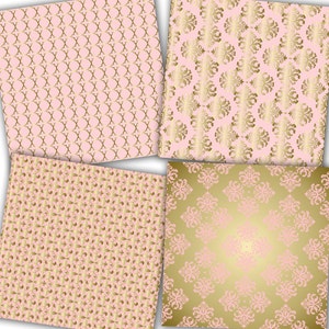 May include: Four digital paper patterns featuring a pink background with gold geometric designs. The patterns include a repeating diamond pattern, a floral pattern, a small floral pattern, and a large floral pattern.