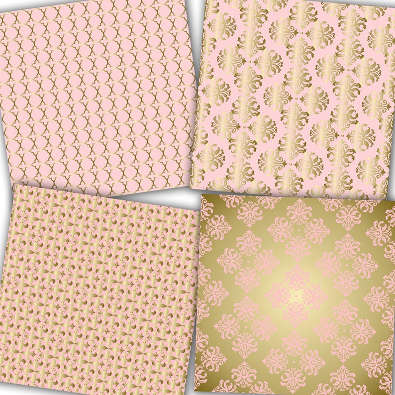 May include: Four digital paper patterns featuring a pink background with gold geometric designs. The patterns include a repeating diamond pattern, a floral pattern, a small floral pattern, and a large floral pattern.