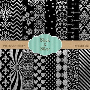 Schwarz und Silber Digital Paper: "Silberfolie Muster" schwarz, Papier, schwarz und Silber Scrapbook Papier, Silber digitales Papier, metallisch