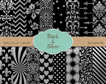 Silver Foil Patterns: Black Scrapbook Paper (Digital Download)
