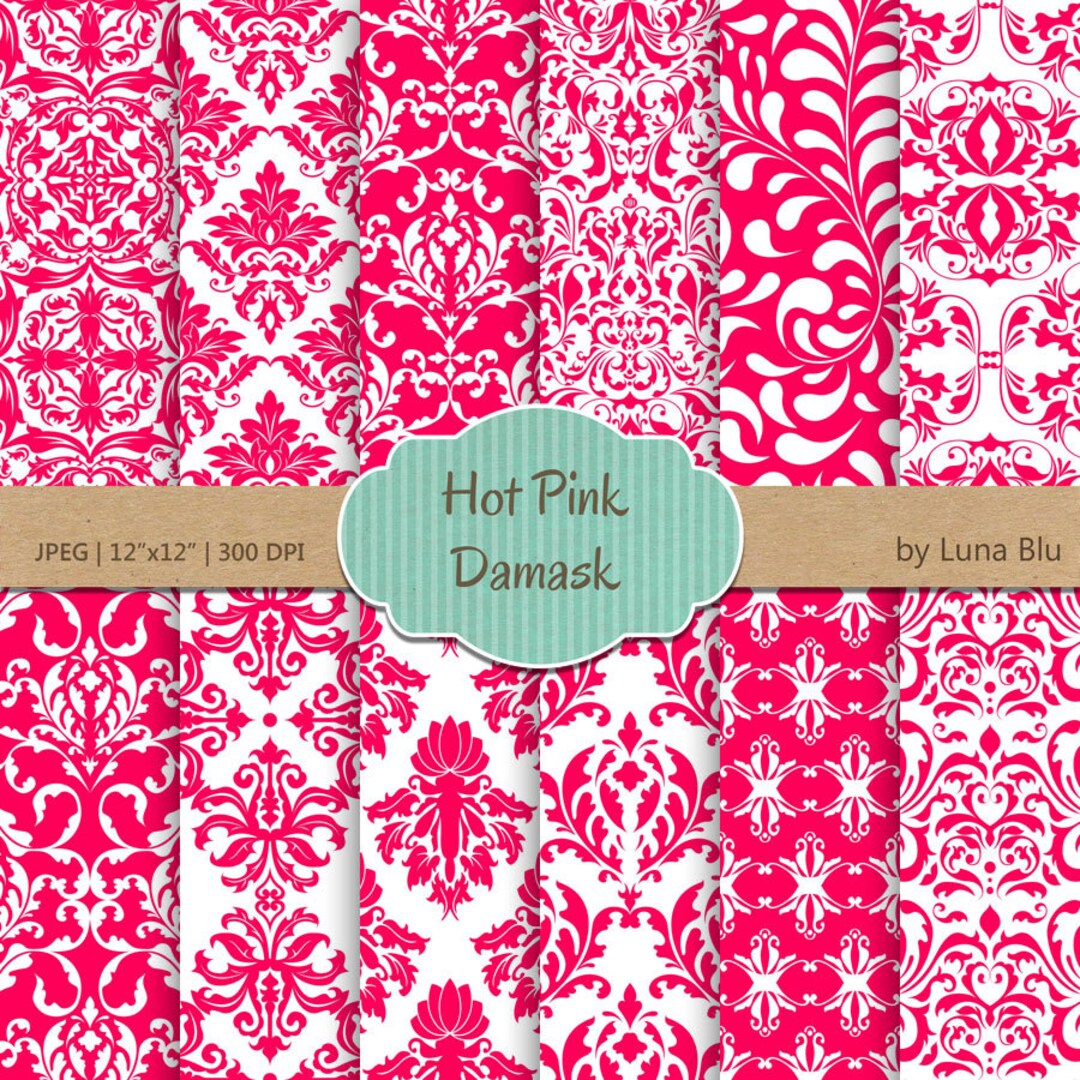 Hot Pink Digital Paper Hot Pink Damask Pink Digital Paper, for