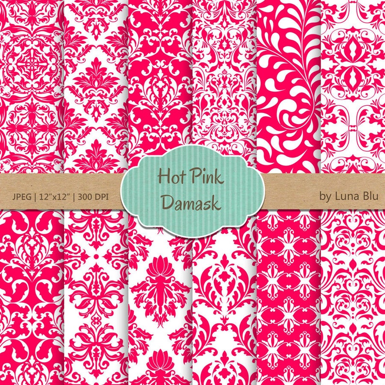 Hot Pink Digital Paper Hot Pink Damask Pink Etsy