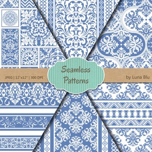 Blue Scrapbook Paper: "French Blue Patterns" french blue digital paper, premium seamless digital paper, french blue backgrounds