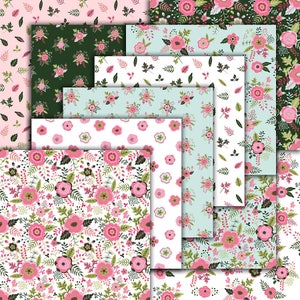 May include: A set of 10 digital paper patterns featuring floral designs in pink, green, and white. The patterns are ideal for scrapbooking, card making, and other crafting projects.