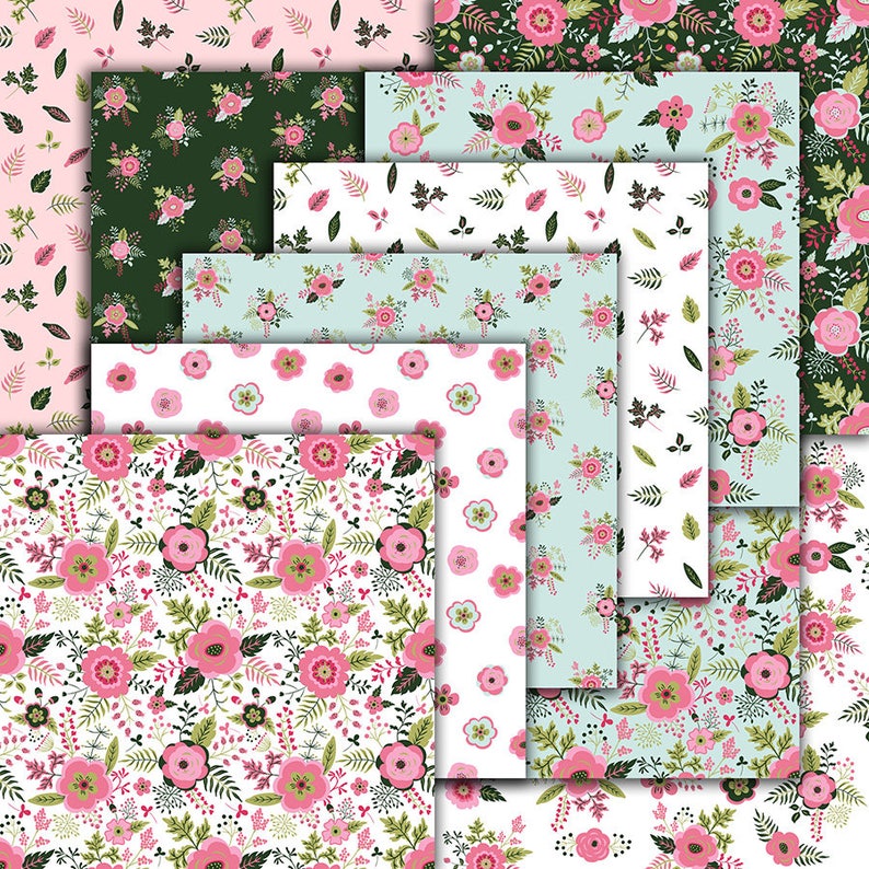May include: A set of 10 digital paper patterns featuring floral designs in pink, green, and white. The patterns are ideal for scrapbooking, card making, and other crafting projects.