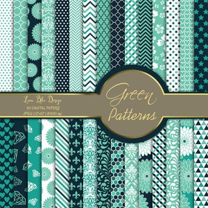 Green digital backgrounds, green digital paper pack, green scrapbook paper digital, with florals, damask, geometric patterns, green patterns