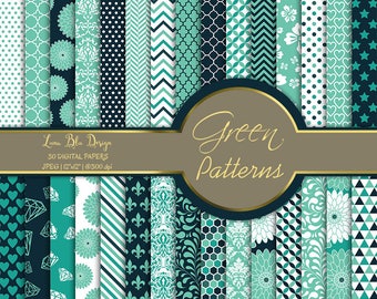 Green Digital Paper Pack: Floral, Damask, Geometric (Digital Download)