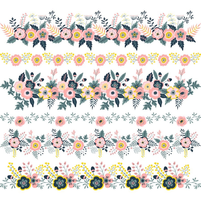 May include: A collection of floral border designs in a variety of styles. The borders feature pink, yellow, and blue flowers with green leaves and stems. The designs are set against a white background, perfect for crafting projects.