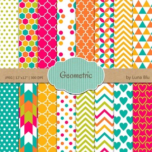 Peut inclure: Un ensemble de 12 motifs de papier numérique avec des motifs géométriques en turquoise, orange, rose, jaune et blanc. Les papiers mesurent 30,5 cm sur 30,5 cm et 300 DPI. Le texte "Geometric" est dans une bannière turquoise en haut de l'image.