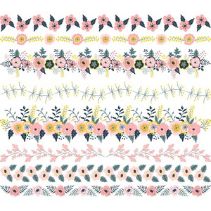 May include: A collection of floral border designs in various styles. The borders feature pink, yellow, and blue flowers with green leaves, arranged in repeating patterns. The designs are set against a white background, suitable for digital or print projects.
