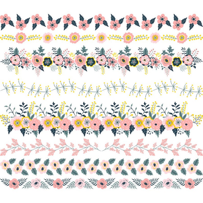 May include: A collection of floral border designs in various styles. The borders feature pink, yellow, and blue flowers with green leaves, arranged in repeating patterns. The designs are set against a white background, suitable for digital or print projects.
