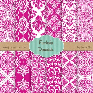 Fucsia digitale "Fucsia Damask" caldo rosa, magenta, rosa damascato digitale libro per inviti, cardmaking, scrapbooking
