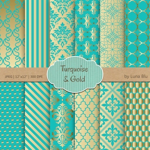 Turquoise and Gold Digital Paper: &quot;Turquoise and Gold Patterns&quot;  for invitations, scrapbooking, cardmaking, stationary, turquoise wedding