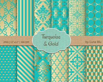May include: A set of 12 digital paper patterns in turquoise and gold. The patterns include geometric designs, damask, and polka dots.
