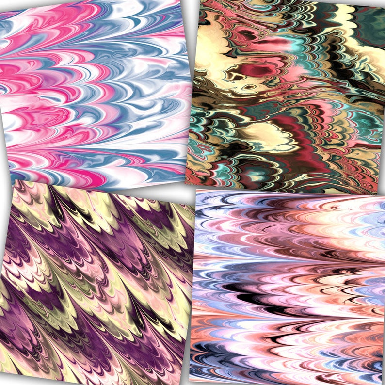 May include: Four abstract digital art prints with swirling patterns in shades of pink, blue, yellow, and purple.