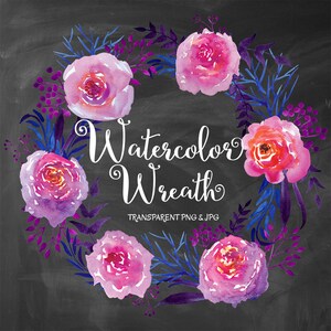 May include: Watercolor wreath with pink and purple flowers, blue and purple leaves, and the text "Watercolor Wreath" in white.  The wreath is on a black background.