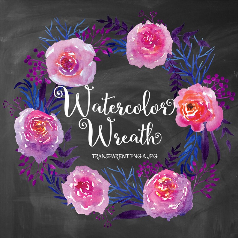 May include: Watercolor wreath with pink and purple flowers, blue and purple leaves, and the text "Watercolor Wreath" in white.  The wreath is on a black background.