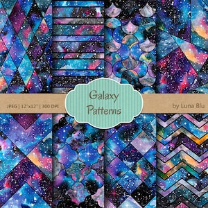 Galaxy Scrapbook Paper, Galaxy Patterns watercolor galaxy digital paper, nebula digital paper, night sky digital paper, galaxy backgrounds image 1