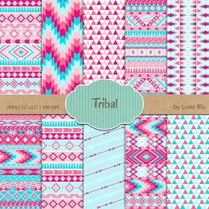 Stammes-Digital-Papier: "Tribal Patterns" Türkis und rosa mit Dreiecken, Chevron, Pfeile, Aztec digitales Papier, Stammes-Designs