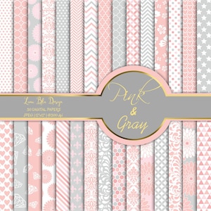 Rosa e grigio digitale carta commerciale utilizza, sfondi di carta, rosa di carta digitale rosa pack, rosa scrapbook per cardmaking, inviti