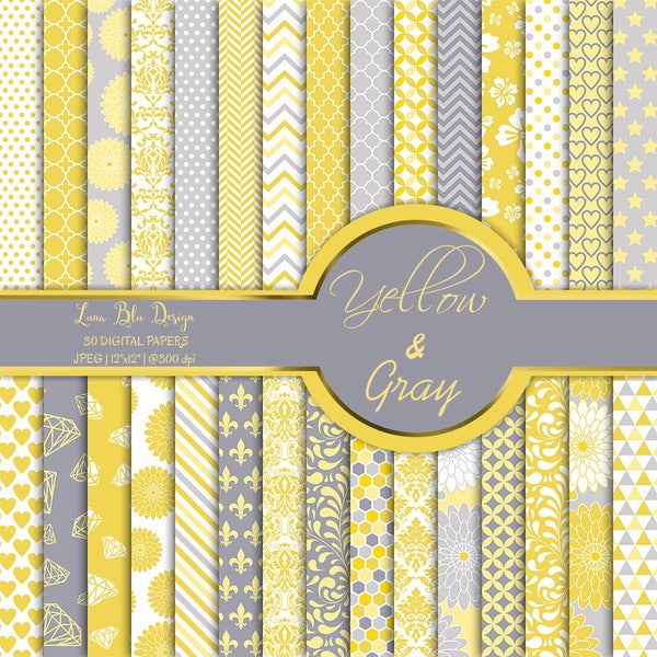 Yellow and Gray digital paper commercial use, yellow digital paper pack, yellow scrapbook paper, yellow backgrounds, cardmaking, invitations