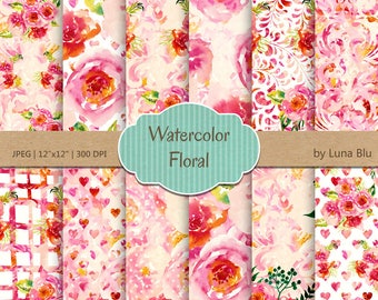 Floral Digital Paper: "Watercolor Florals" pink watercolor flowers, floral scrapbooking paper, watercolor clipart, shabby digital paper