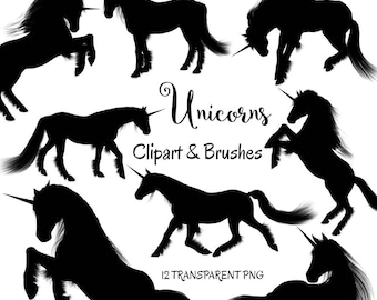 Unicorn clipart: "Unicorn Silhouettes" unicorn photoshop brushes and PNG files, unicorn graphics, magical clipart, magical unicorns