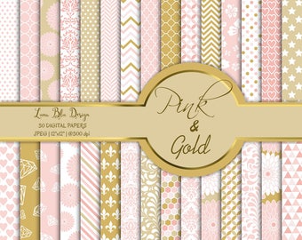 Pink and Gold digital paper commercial use, pink digital backgrounds, pink digital paper pack, pink scrapbook paper, gold and pink