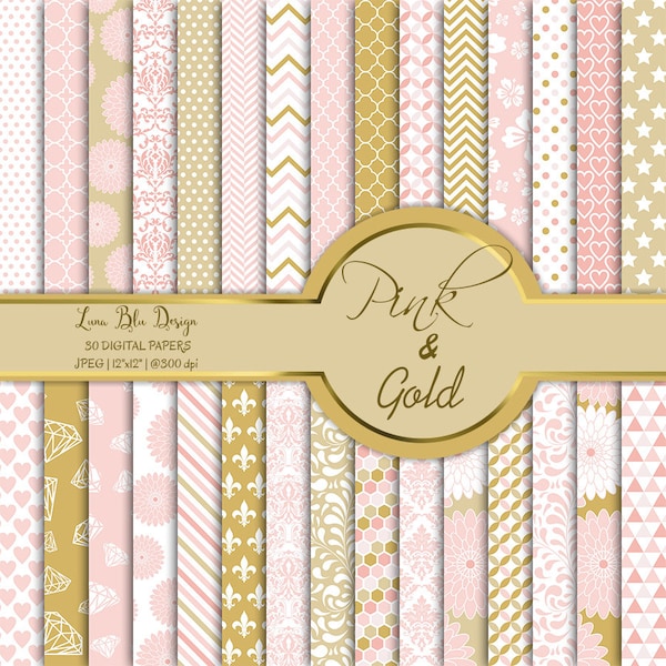 Pink and Gold digital paper commercial use, pink digital backgrounds, pink digital paper pack, pink scrapbook paper, gold and pink