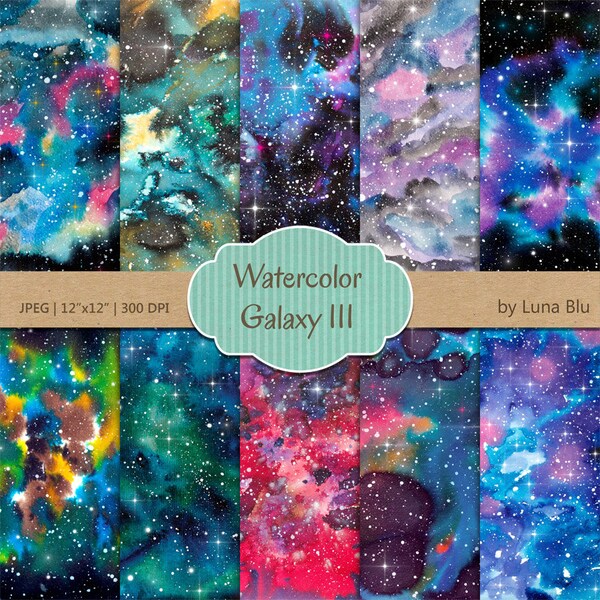 Watercolor Galaxy Digital Paper: Starry Night Sky (Digital Download)