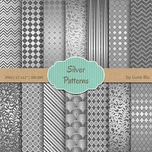 : Plata Digital "Patrones de plata" gris digital papel, fondos plata metálicos, con chevron, quatrefoil, rayas