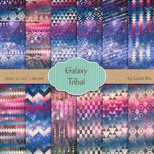 Tribal Digital Paper Pack: Galaxy Tribal Patterns featuring triangles, arrows, aztec designs, galaxy background, colorful tribal designs image 1