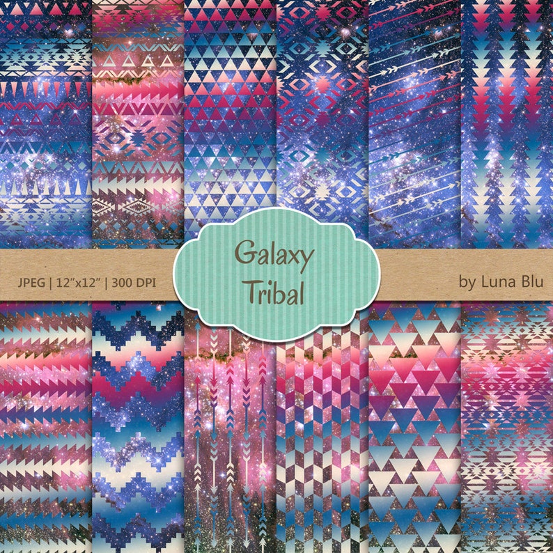 Tribal Digital Paper Pack: Galaxy Tribal Patterns featuring triangles, arrows, aztec designs, galaxy background, colorful tribal designs image 1