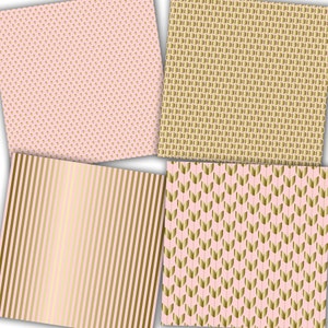 May include: Four digital paper patterns featuring gold and pink designs. The patterns include polka dots, stripes, hexagons, and stylized leaves.