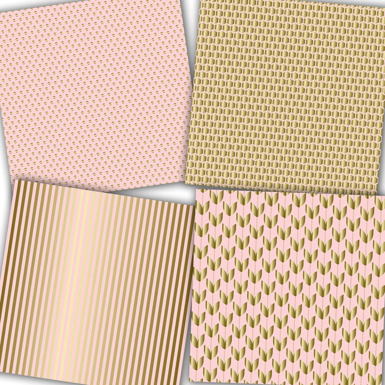 May include: Four digital paper patterns featuring gold and pink designs. The patterns include polka dots, stripes, hexagons, and stylized leaves.