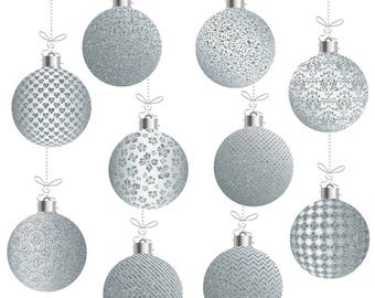 Silver Christmas clipart, silver christmas ornaments, silver xmas clipart, glitter christmas balls, silver christmas baubles clipart