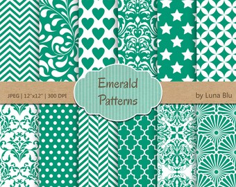 Emerald Digital Paper: "Emerald Patterns"  for invitations, scrapbooking, cardmaking, stationary, green backgrounds