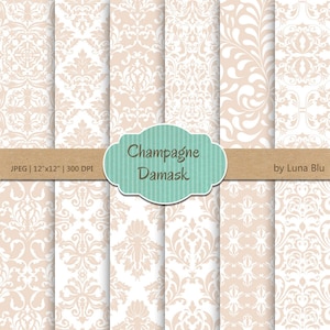 : Champagner Digital "Champagner Damast" Elfenbein, Sand, Beige, Damast digitale Papier für Einladungen, Cardmaking, scrapbooking